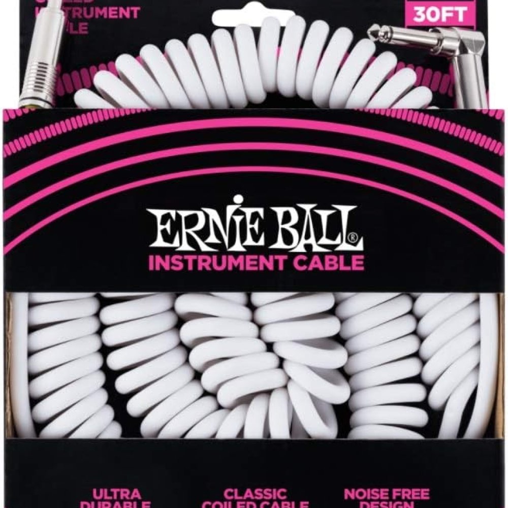 Ernie Ball Cable de instrumento en espiral recto/ángulo 9.14 m, blanco (P06045)
